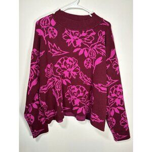 CYRUS Floral Mock Neck Knit Long Sleeve Sweater Maroon Pink Cottagecore Size XL